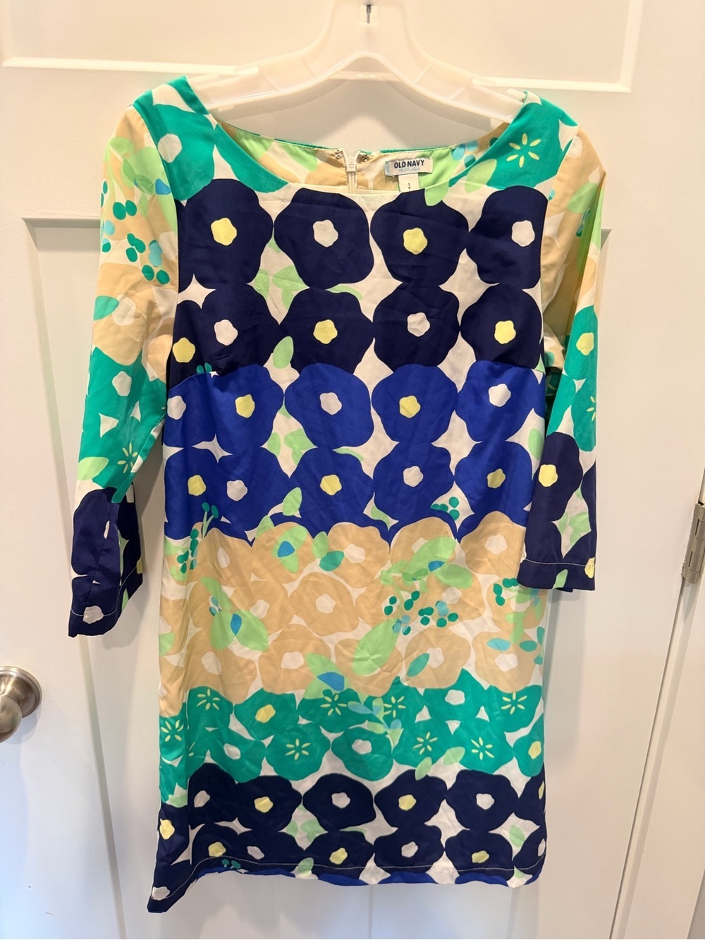 Old Navy Small Petite Blue Floral Shift Dress 3/4 Sleeve Retro Print